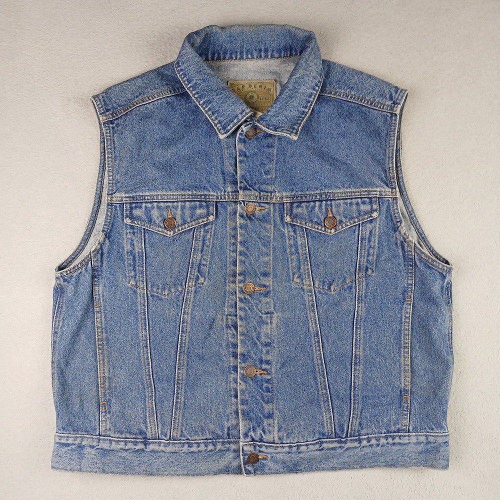Gap Denim Vest Mens Large Trucker Button Front Pockets Blue Medium Wash Vintage